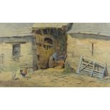 ARTHUR MILES watercolour - farmyard with old barn with tractor and two cockerels outside, signed and