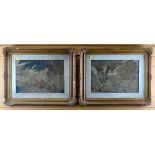 PAIR OF FRAMED & GLAZED WOOL-WORK PANELS depicting figures in woodland landscape with cottage,