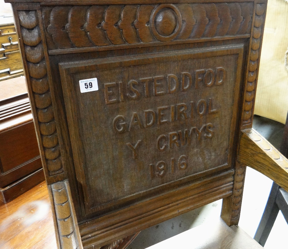 1916 CARVED EISTEDDFOD CHAIR inscribed to the back 'Eisteddfod Gadeiriol Y Crwys 1916', together - Image 2 of 2