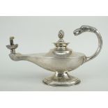 MAPPIN & WEBB SILVER GENIE LAMP BURNER having bird design handle raised on oval pedestal base