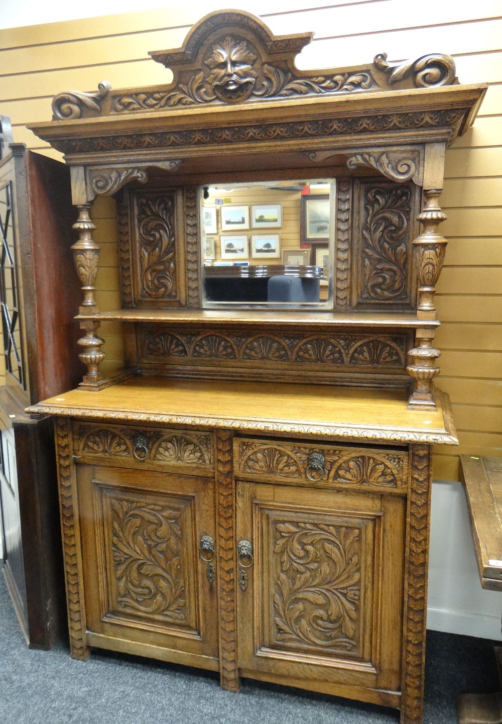 CONTINENTAL CARVED OAK MIRROR BACK SIDEBOARD, Renaissance revival style, 217 x 145 x 60cms