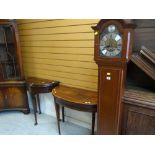TWO ANTIQUE DEMI-LUNE TABLES & A REPRODUCTION GRANDMOTHER CLOCK