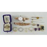 ASSORTED GOLD JEWELLERY & WATCHES including Art Deco 18ct gold watch head by Lip, a 9ct gold watch