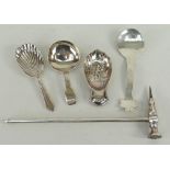 FOUR VARIOUS SILVER CADDY SPOONS including a late George III spoon dated 1816, and a plated