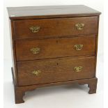 18TH CENTURY OAK THREE-DRAWER CHEST with moulded top and bracket feet, 81 x 46 x 83cms