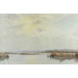 EDWARD WESSON watercolour - marshland scene, entitled verso 'A Still Backwater, Sheperton' on