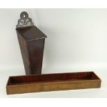 19TH CENTURY PROVINCIAL OAK CANDLE BOX, floral carved bracket, tapering rectangular base, 51cms