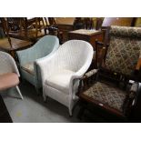 VINTAGE FLORAL UPHOLSTERED SPRUNG-TYPE AMERICAN ROCKING CHAIR and three items of Lloyd Loom