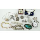 ASSORTED MAINLY SILVER ITEMS including hedgehog necklace, brooches, ladies fob watch, ARP badge ETC