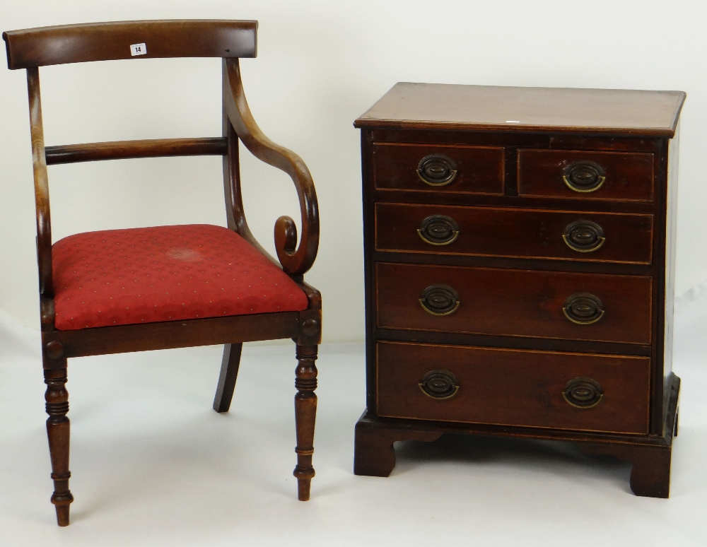 MAHOGANY ARM CHAIR & SMALL CHEST the chair with bow tablet back and down scrolled arms, padded