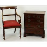 MAHOGANY ARM CHAIR & SMALL CHEST the chair with bow tablet back and down scrolled arms, padded