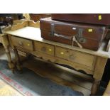 VINTAGE PINE THREE DRAWER TWO TIER RAIL-BACK WASH STAND