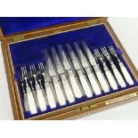 GOOD EDWARD VII SILVER & MOTHER OF PEARL HANDLED BOXED SET OF FRUIT KNIVES & FORKS FOR 12 in