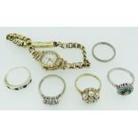 ASSORTED JEWELLERY comprising five various ladies dress rings including 9ct gold and cluster ring,
