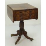 ANTIQUE THREE DRAWER DROP FLAP OCCASIONAL TABLE, mahogany with carved spider supports and brass