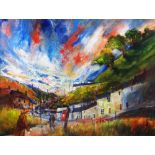 K FOSTER acrylic - South Wales valley scene with figures, signed, 26 x 34cms