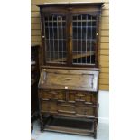 VINTAGE CARVED BARELY TWIST JACOBEAN STYLE BOOKCASE BUREAU, 96cms wide