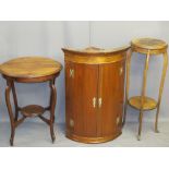 ANTIQUE BOW FRONT HANGING WALL CUPBOARD, two-tier planter stand and a circular top table, various