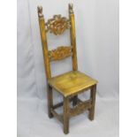 SPANISH WALNUT SIDE CHAIR, 18th century with carved panels of animals and carved head uprights,