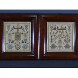 PAIR OF FINE UNNAMED FIGURAL & ANIMAL SAMPLERS in matching mahogany frames, each 17 x 15cms