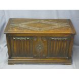QUALITY VINTAGE OAK BLANKET CHEST with linen fold and carved front decoration, 56cms H, 95cms W,
