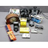 PHOTOGRAPHIC EQUIPMENT - various cameras, also carriage clock, electric mantel clock ETC