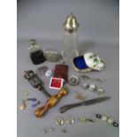MIXED GROUP OF COLLECTABLES & JEWELLERY including a cut glass silver topped sugar sifter, two