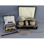 SILVER DRESSING TABLE HAND MIRROR & BRUSH SET (four) and two cased brush and comb sets, various