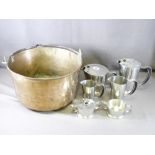 BRASS JAM PAN with iron swing handle, 37cms diameter and a quantity of Hotel service type ware