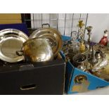 SILVERPLATE to include goblets, trays, candlesticks, a pair of peacocks, a desk tidy ETC
