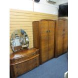 VINTAGE FIGURED WALNUT THREE PIECE BEDROOM SUITE consisting of lady's and gent's wardrobes and a