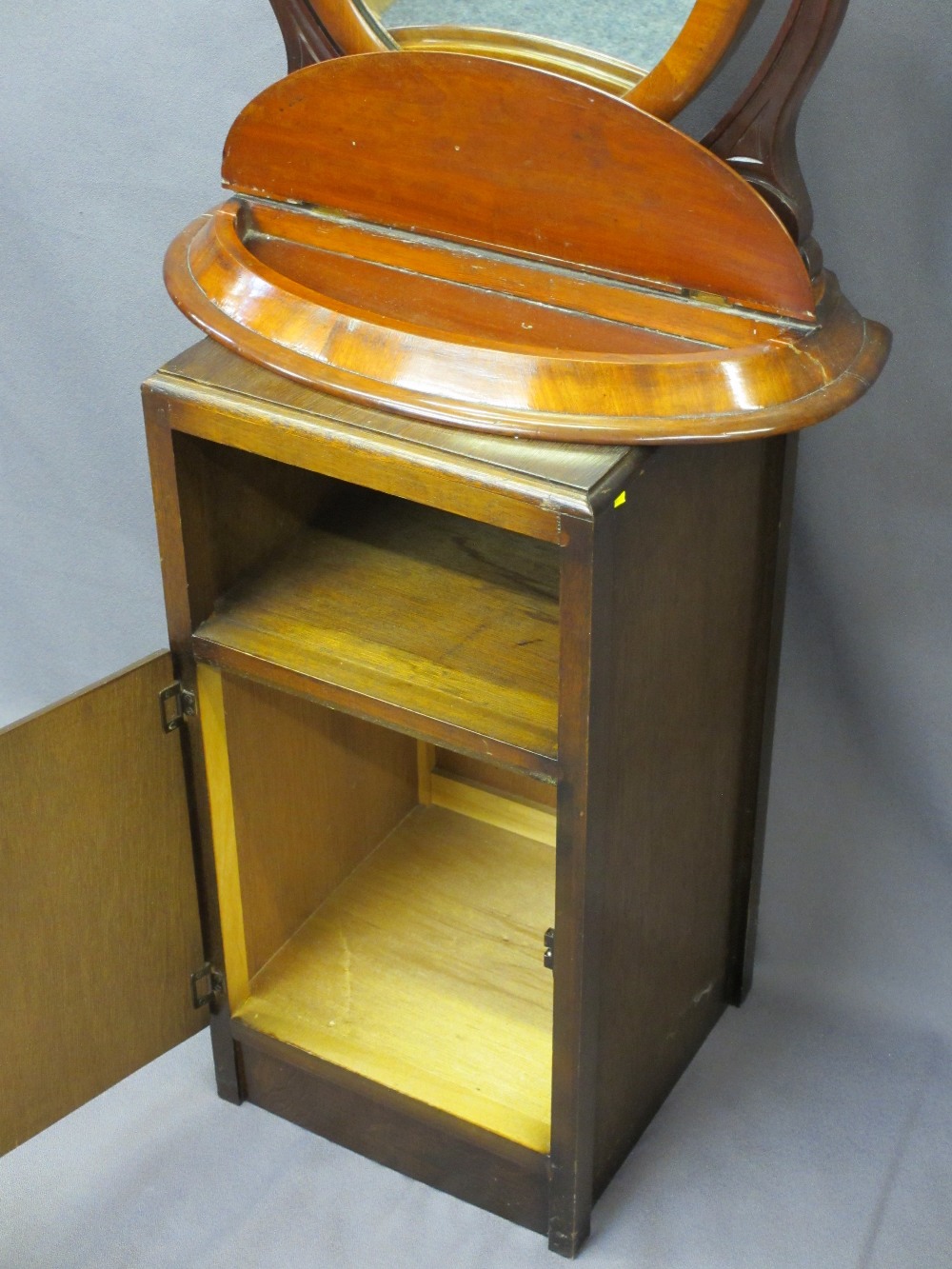 VICTORIAN MAHOGANY SWING TOILET MIRROR and an old bedside cabinet, 59 and 67.5cm heights - Image 2 of 2