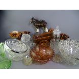GLASSWARE, pressed and colourful and a selection of pottery shire horses, one with a cart