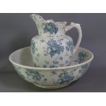 STAFFORDSHIRE POTTERY TOILET JUG & BASIN, green leaf decoration with gilt lining