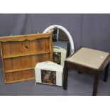 FOUR VINTAGE FURNITURE ITEMS including a small stripped pine wall rack, rectangular oak stool,