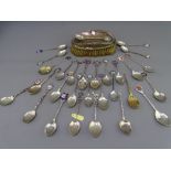BRITISH & CONTINENTAL SILVER & ENAMEL COLLECTOR'S SPOONS and a silver topped clothes brush, 9.4 troy