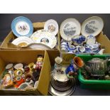 TOBY JUGS, a small box, a box of blue pottery ware, a box of mixed china and pottery including