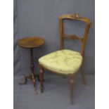 VICTORIAN WALNUT SIDE CHAIR and a reproduction mahogany wine table, various measurements