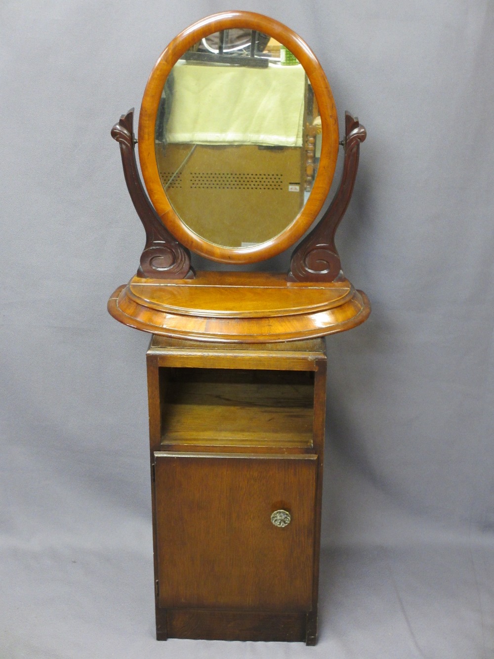 VICTORIAN MAHOGANY SWING TOILET MIRROR and an old bedside cabinet, 59 and 67.5cm heights