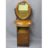 VICTORIAN MAHOGANY SWING TOILET MIRROR and an old bedside cabinet, 59 and 67.5cm heights