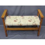 NEAT VINTAGE OAK HALL BENCH with upholstered seat, 65cms H, 94cms W, 39.5cms D