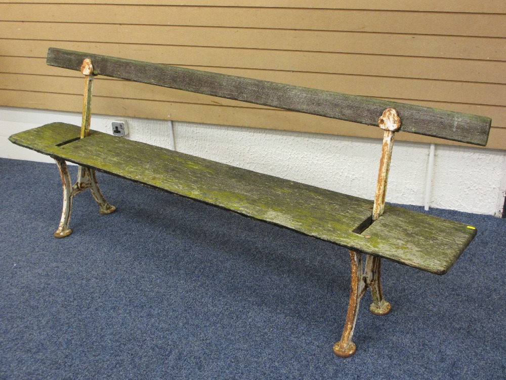 VINTAGE TIMBER & CAST IRON RAILWAY PLATFORM TYPE BENCH with swing-over back rail, 79cms H, 217cms L, - Image 2 of 2
