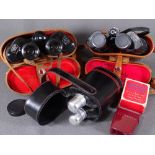 CASED FIELD BINOCULARS X 2, a pair of hip flasks in carrier ETC