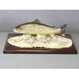 IAN GREENSILT - model of a brown trout on a wooden plinth, total width 47cms
