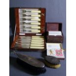 MIXED COLLECTABLES including two hallmarked silver brushes, cased EPNS fish knives and fork set