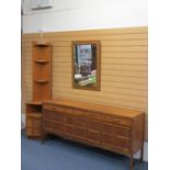 MID-CENTURY TEAK LONG SIDEBOARD, 83cms H, 184cms W, 45cms D, matching corner display unit,