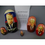 RUSSIAN NESTING DOLLS - Soviet Leaders, five piece printed and hand painted set