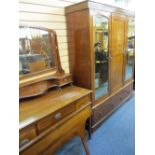 EDWARDIAN INLAID MAHOGANY TWO PIECE BEDROOM SUITE of triple door wardrobe and mirrored dressing