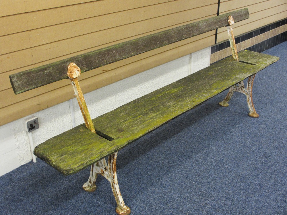 VINTAGE TIMBER & CAST IRON RAILWAY PLATFORM TYPE BENCH with swing-over back rail, 79cms H, 217cms L,