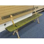 VINTAGE TIMBER & CAST IRON RAILWAY PLATFORM TYPE BENCH with swing-over back rail, 79cms H, 217cms L,